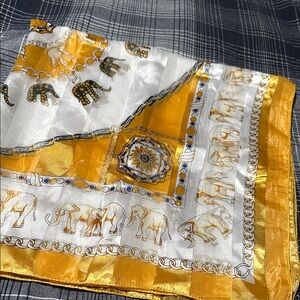 Elephant Print Scarf Gold White Blue 38” Square Shine Stripes